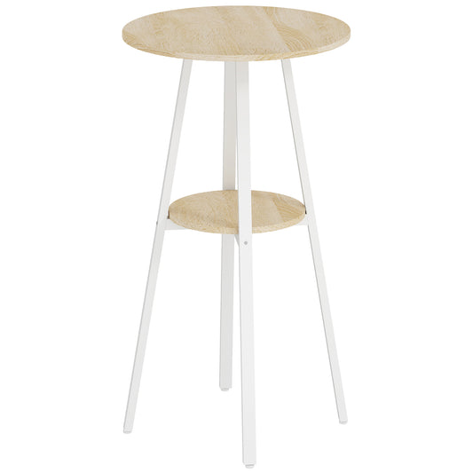 Masă Înaltă Rotundă cu Raft, Masă Modernă pentru Bucătărie sau Dining, PAL, Metal, Lemn Natural și Alb