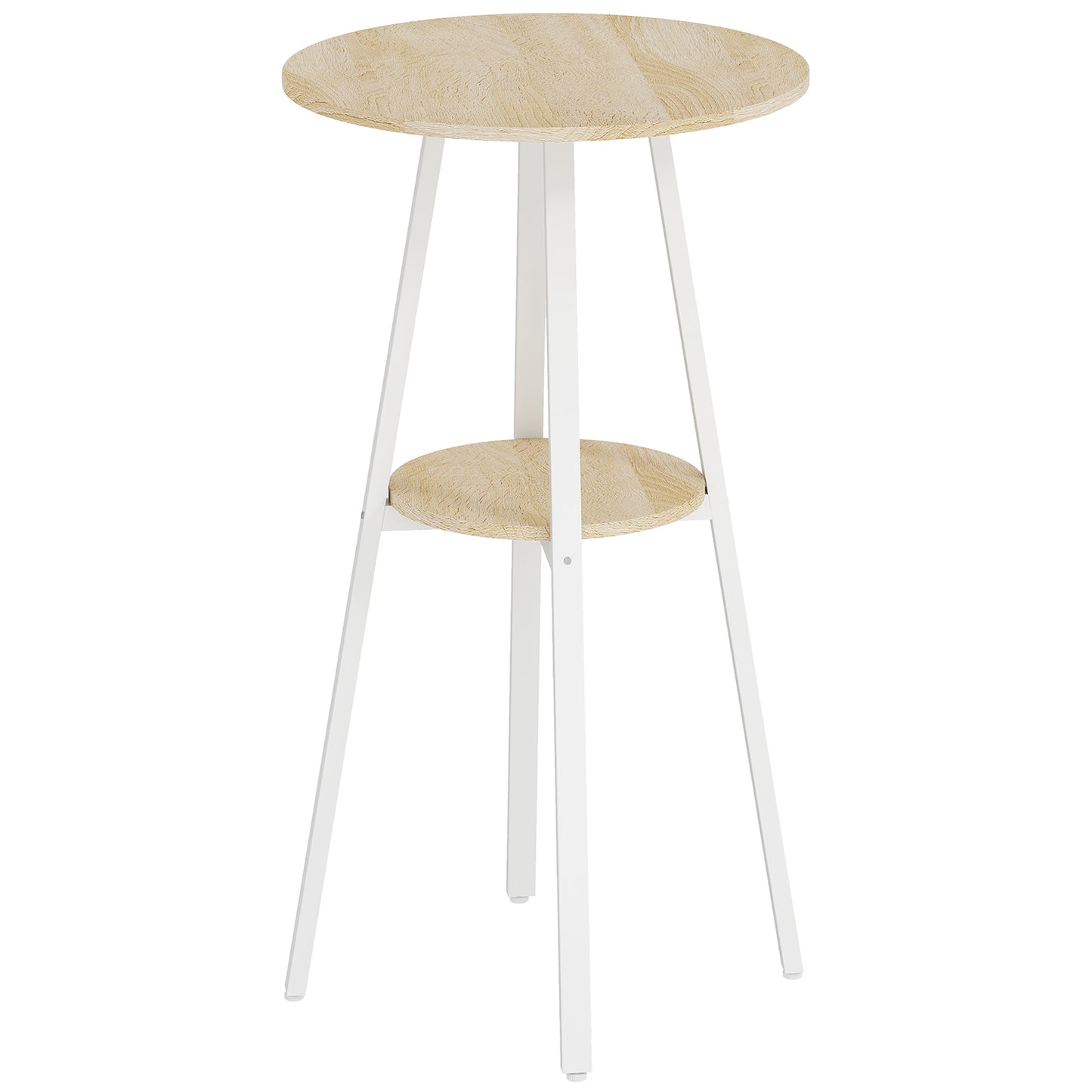 Masă Înaltă Rotundă cu Raft, Masă Modernă pentru Bucătărie sau Dining, PAL, Metal, Lemn Natural și Alb