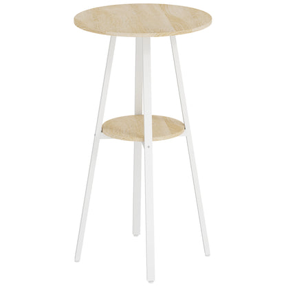 Masă Înaltă Rotundă cu Raft, Masă Modernă pentru Bucătărie sau Dining, PAL, Metal, Lemn Natural și Alb
