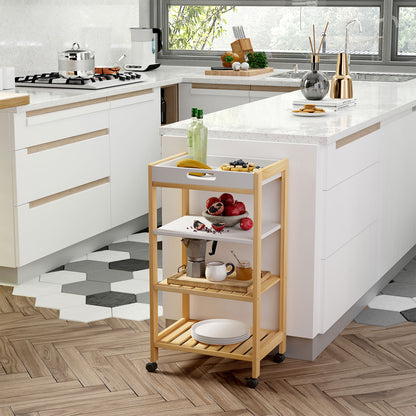 Carucior de bucatarie cu 4 nivele din MDF si lemn de pin cu 4 roti pivotante, 40x30x76 cm, alb si maro