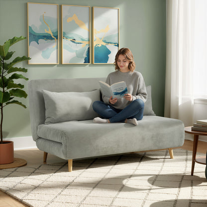 Canapea Extensibilă Dublă cu Spătar Reglabil și 2 Perne, din Material Textil cu Aspect de In Gri
