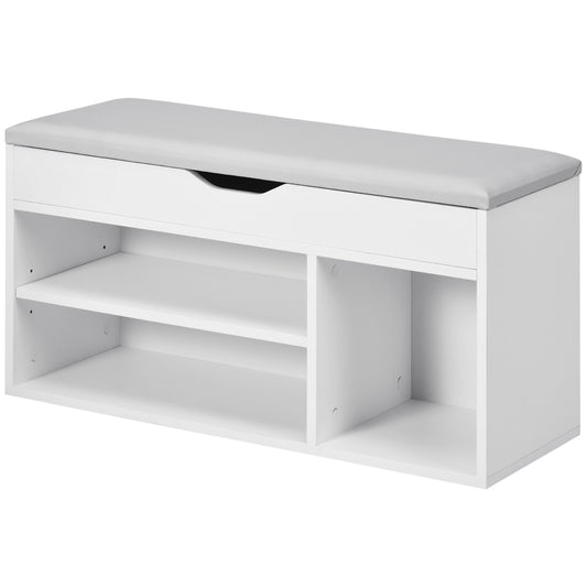 Pantofar cu Bancă de Depozitare, Dulap pentru Pantofi Space Saver cu Compartimente Deschise, Șezut Tapițat, Alb