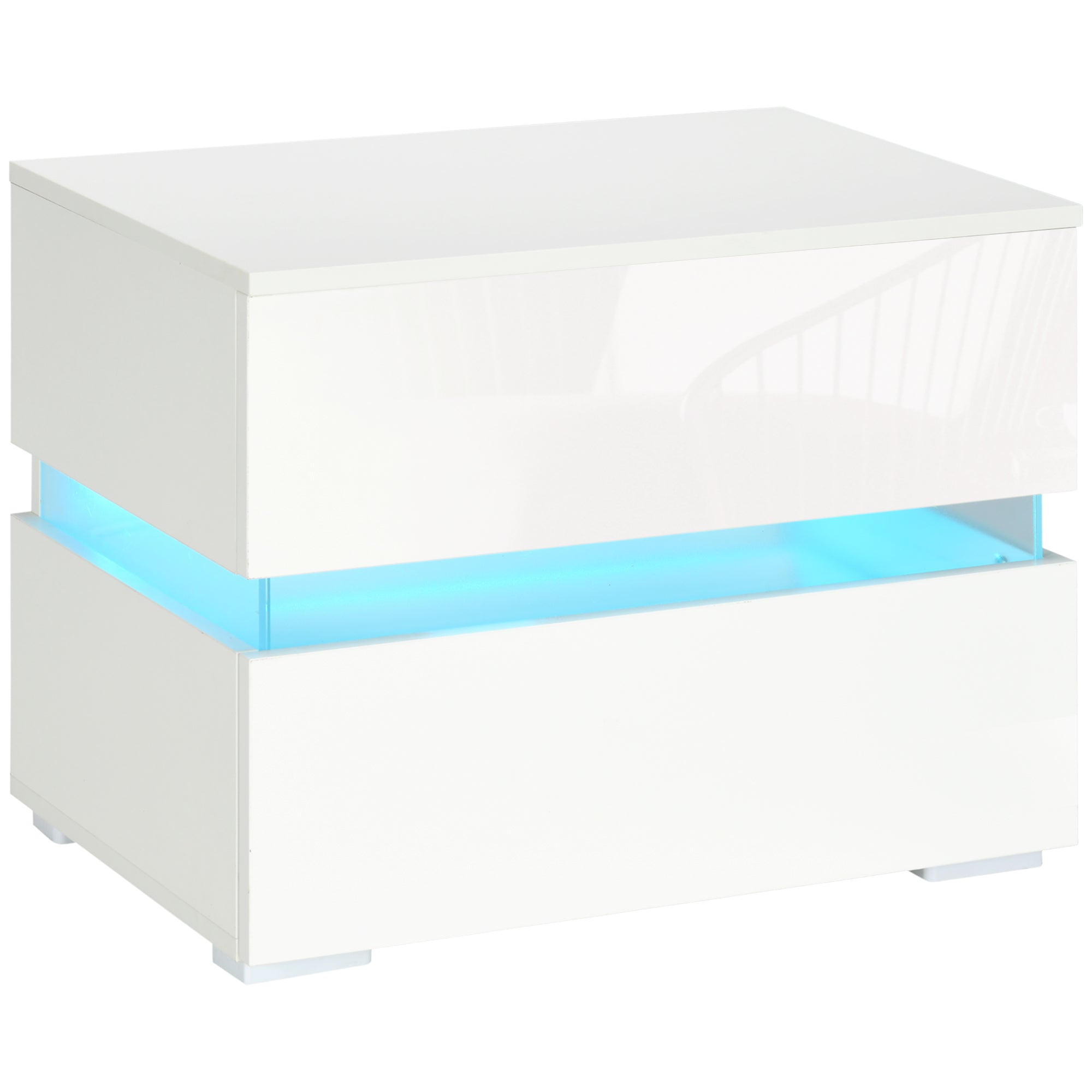 Noptieră cu lumină LED RGB încorporată, 2 sertare, 4 moduri de iluminare și 16 culori, din PAL, 60x39x47cm, Alb