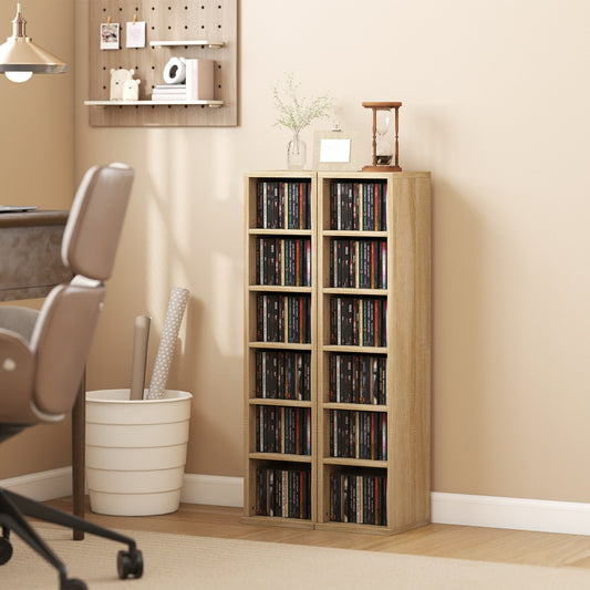 Set de 2 Rafturi pentru CD-uri cu Polițe Reglabile, Capacitate 204 CD-uri, Design Compact, 21x22,5x88,5 cm, Stejar