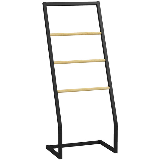Suport pentru prosoape cu 4 bare din oțel și bambus, 40.5x28x98cm, negru și culoare lemn
