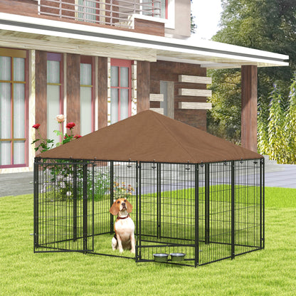 Țarc pentru câini din metal și material Oxford cu ușiță pentru boluri, 211x141x151 cm, negru și maro