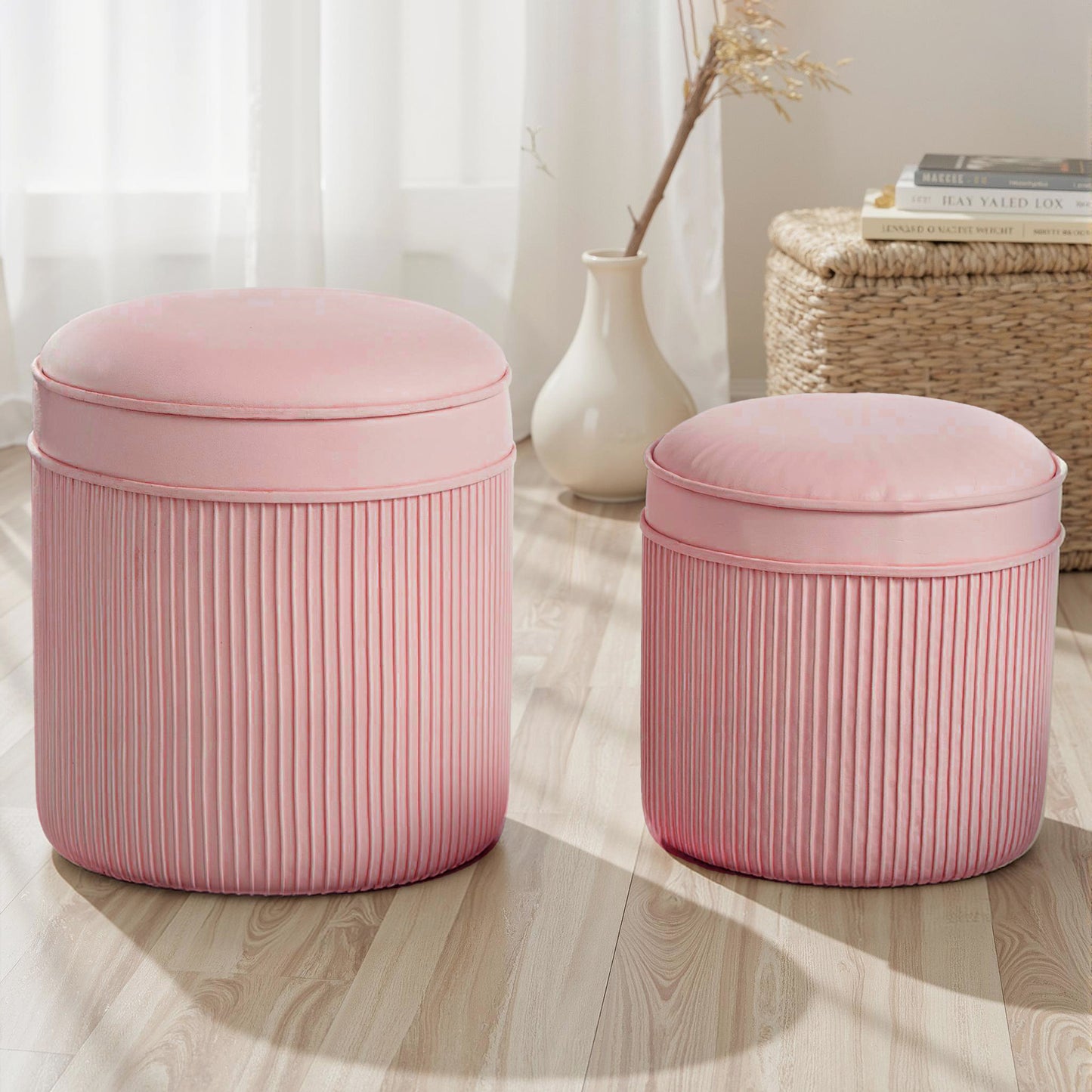 Set 2 Taburete Rotunde Stivuibile și Tapițate, cu Huse din Catifea și Spațiu de Depozitare de 34.8L, Roz