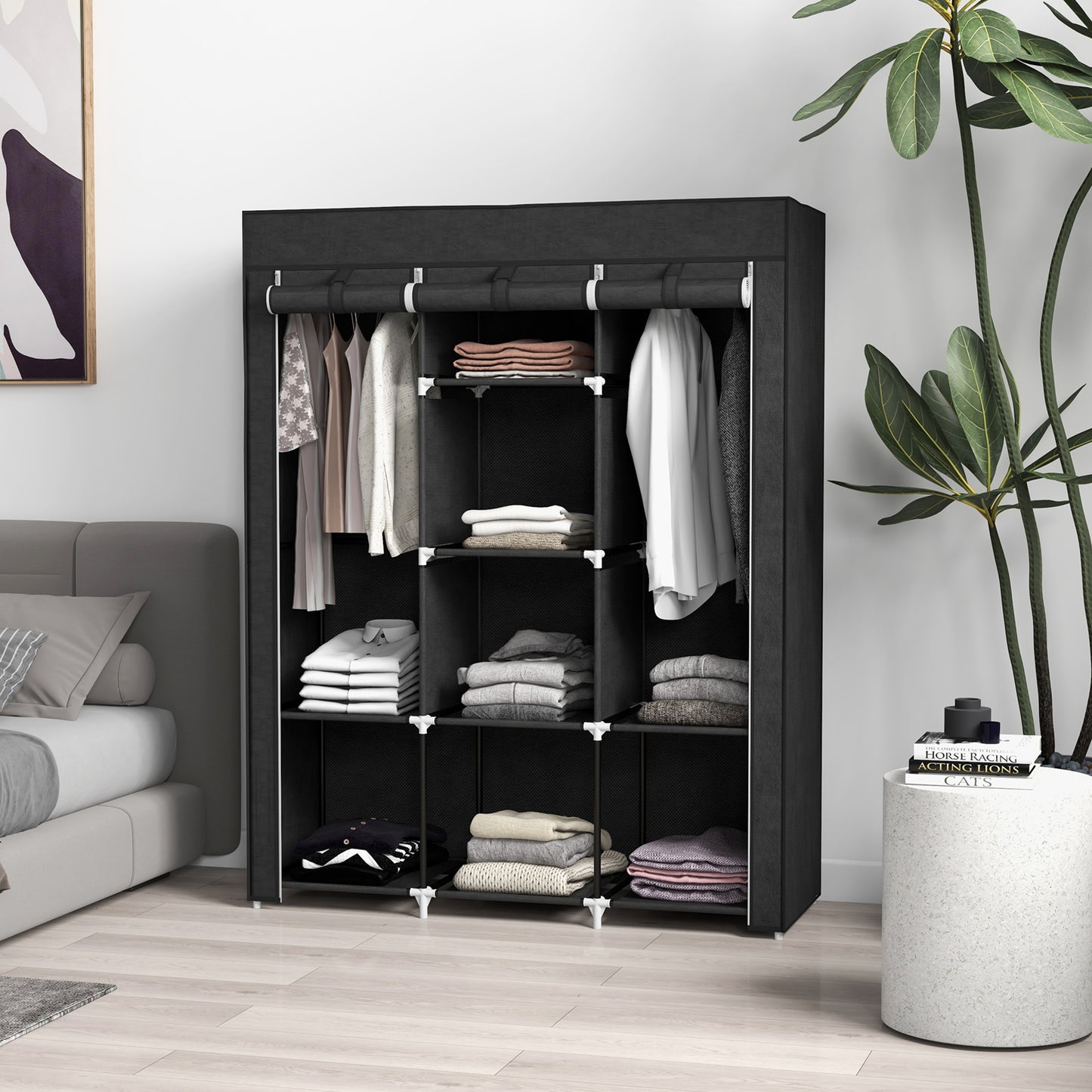 Dulap din Material Textil cu Bază Înălțată, 8 Rafturi și 2 Bare, 125x43x162.5 cm, Gri Închis