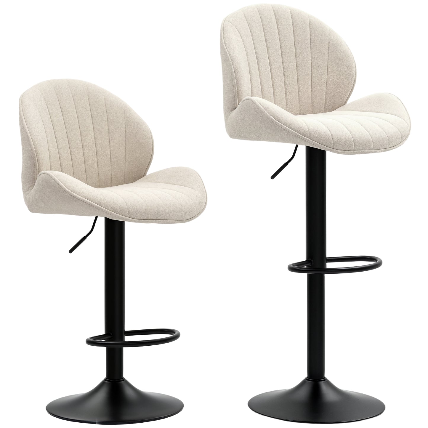 Set 2 Scaune de Bar tip Scoică cu Suport pentru Picioare, din Material Textil cu Efect de Catifea, 48x50x94-115 cm, Negru și Bej