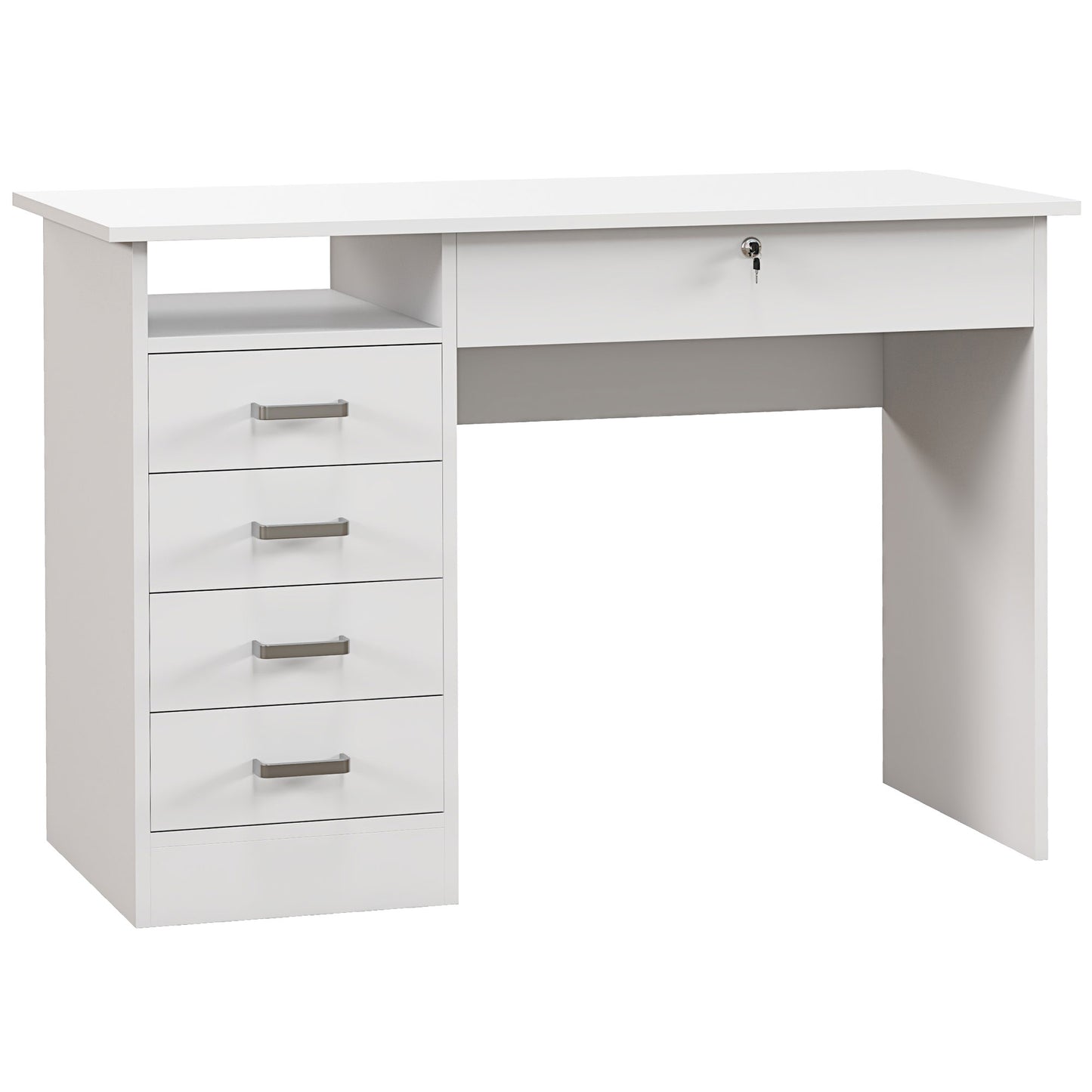 Birou modern cu 5 sertare și compartiment deschis cu încuietoare și 2 chei, 110x50x76cm, alb