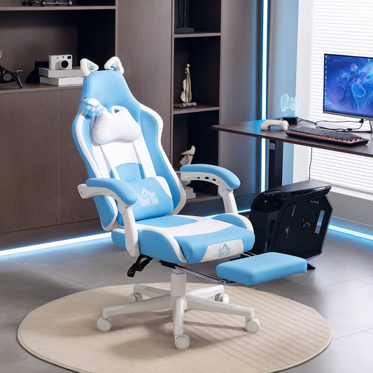 Sedia da Gaming Reclinabile con Poggiapiedi e Cuscini, in Finta Pelle e Spugna, 65x62x116-124 cm, Bianco e Rosa