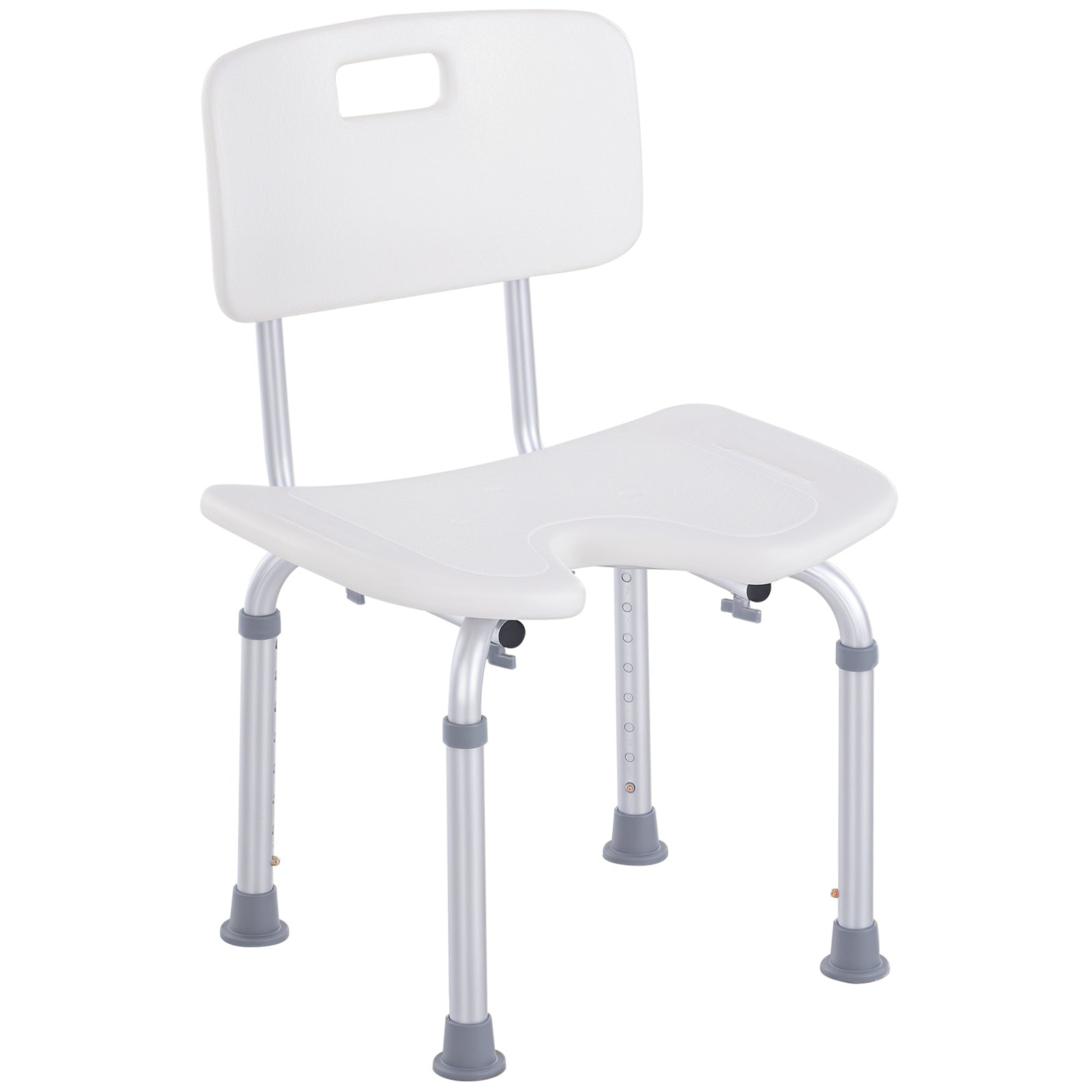 Scaun de Duș Reglabil pe 8 Nivele cu Orificii de Drenaj și Șezut în Formă de U, 48x42x71-83,5 cm, Alb