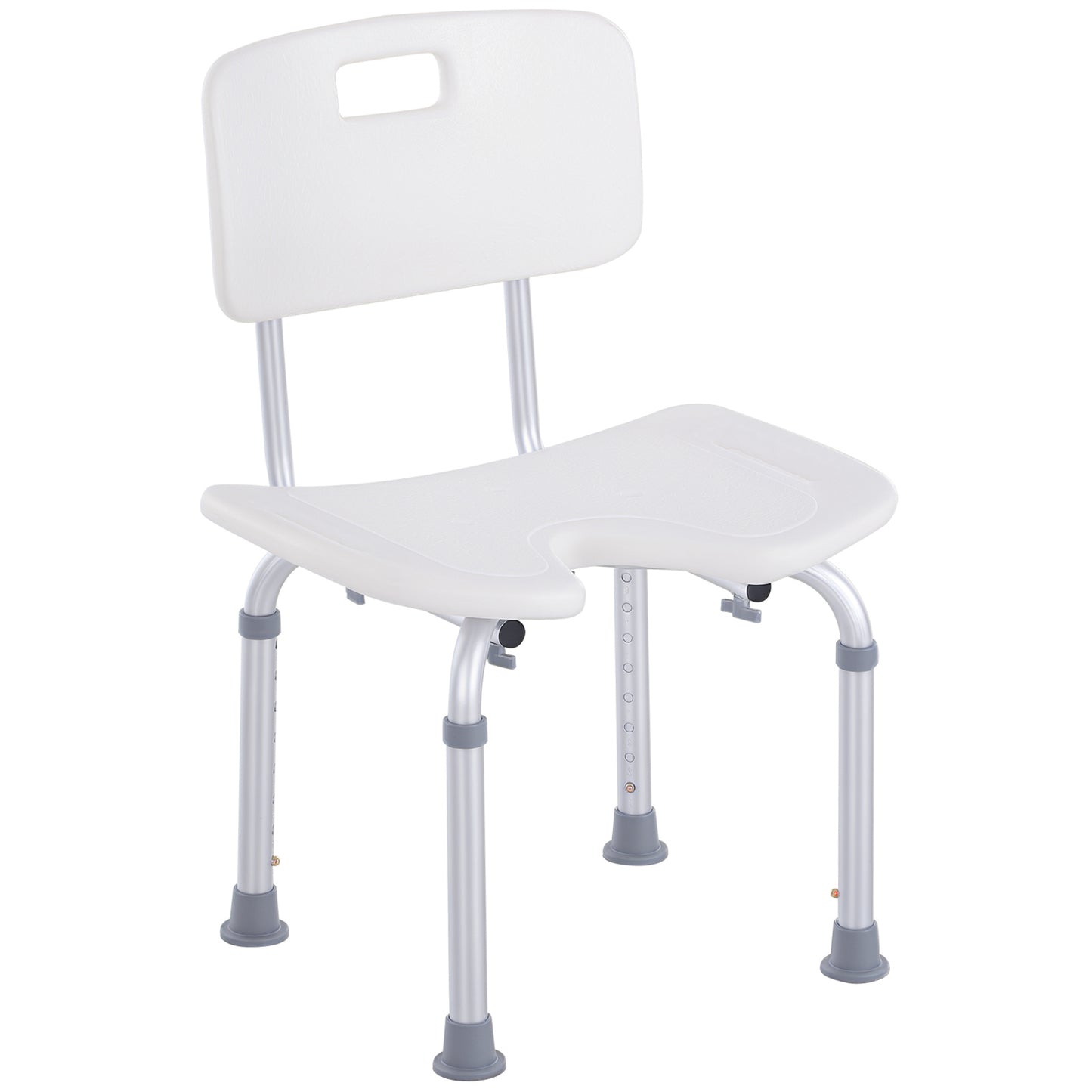 Scaun de Duș Reglabil pe 8 Nivele cu Orificii de Drenaj și Șezut în Formă de U, 48x42x71-83,5 cm, Alb