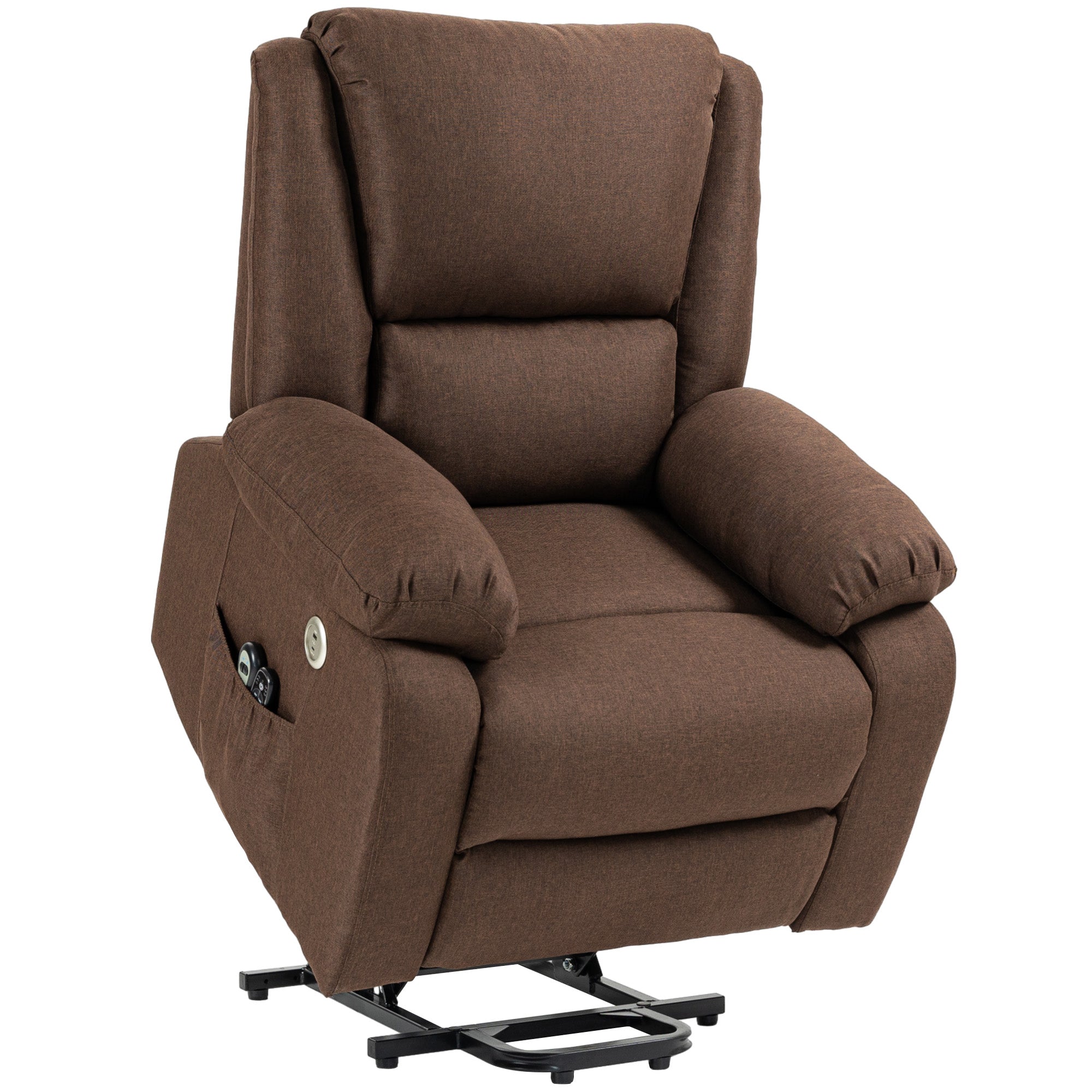 Fotoliu reclinabil cu funcție de ridicare și suport pentru picioare, din material textil cu aspect de in, 87x92x105 cm, culoare cafea
