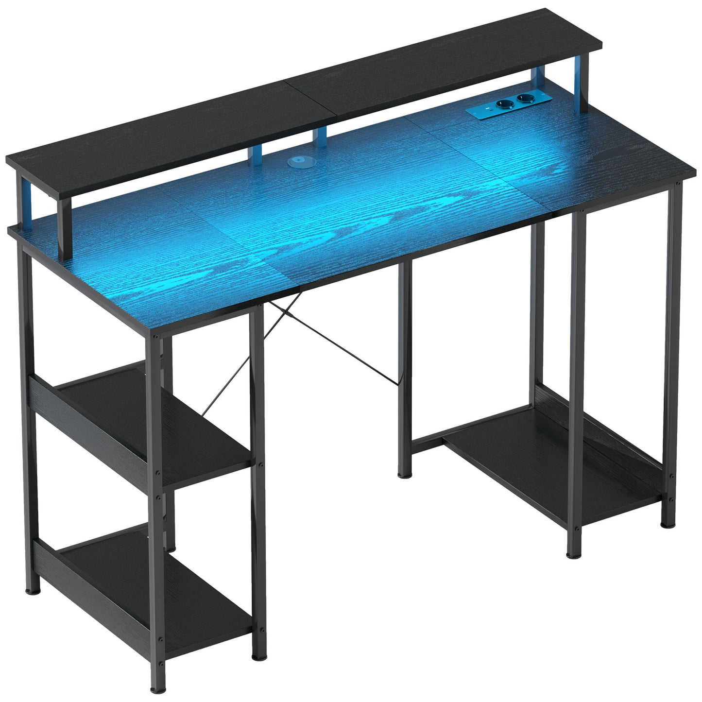 Birou Reversibil pentru PC cu Prize Electrice, Lumini, Suport Monitor și Raft, 120x50 cm, Negru
