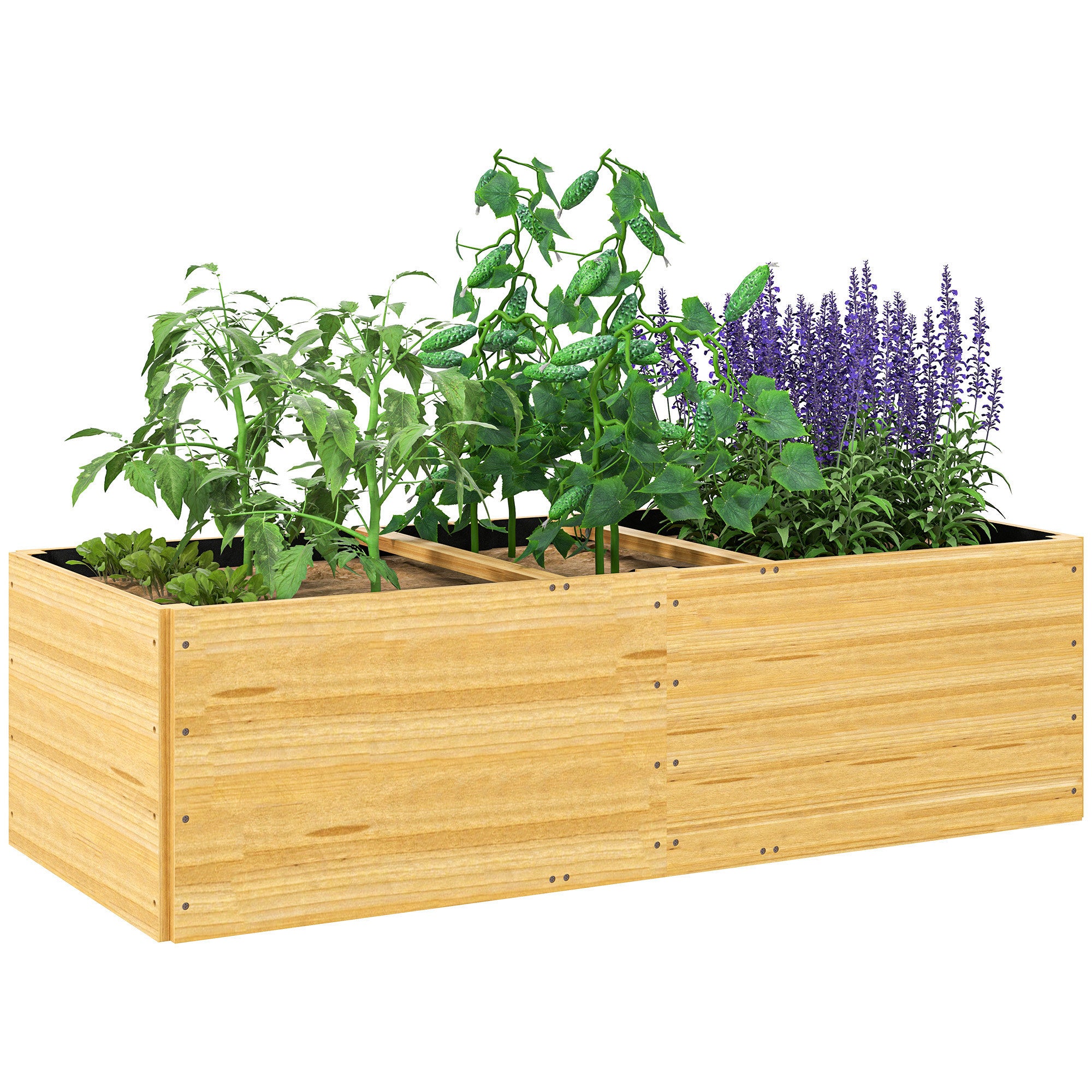 Jardinieră de exterior din lemn de molid împărțită în 3 zone, cu strat din material textil nețesut, 140x60x40 cm