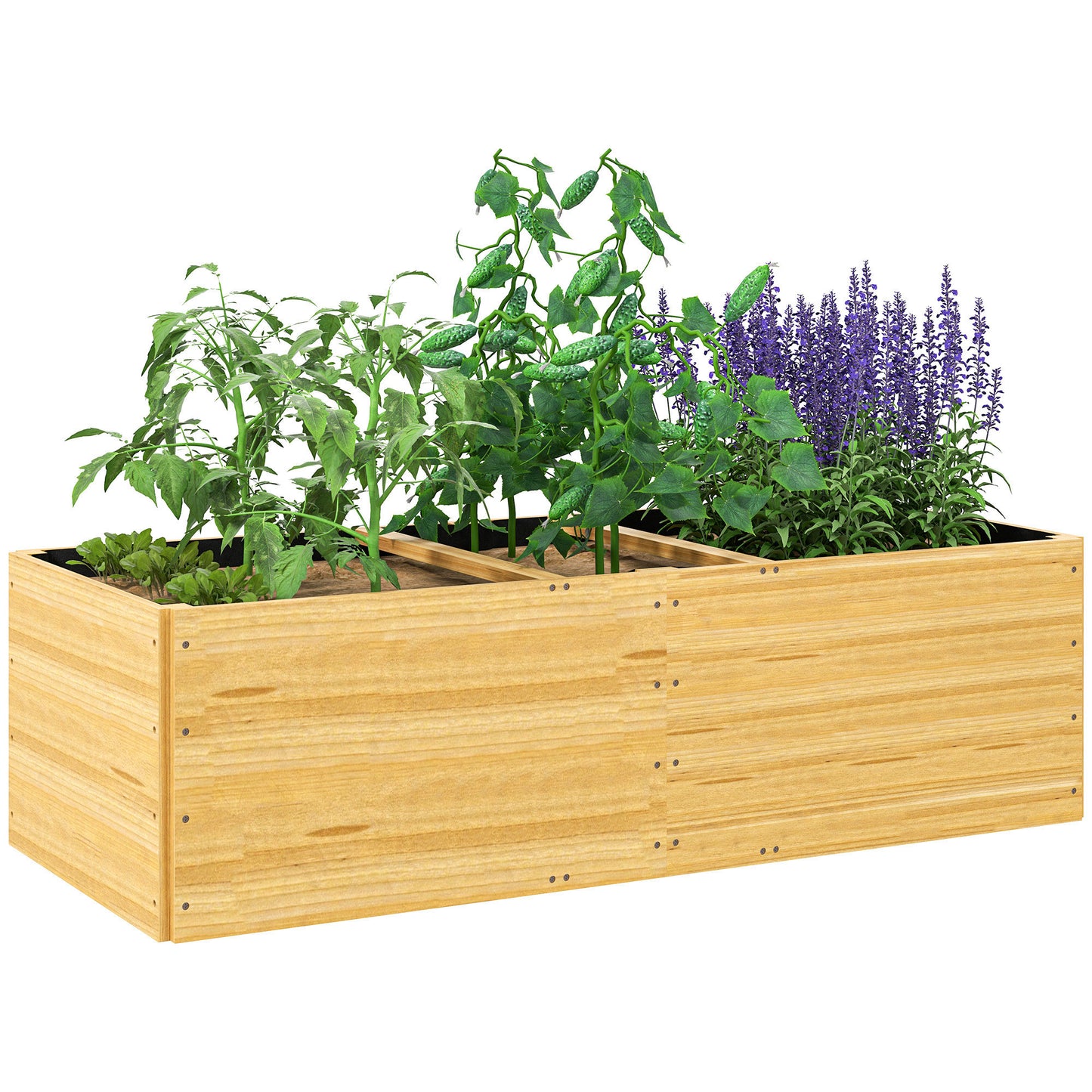 Jardinieră de exterior din lemn de molid împărțită în 3 zone, cu strat din material textil nețesut, 140x60x40 cm