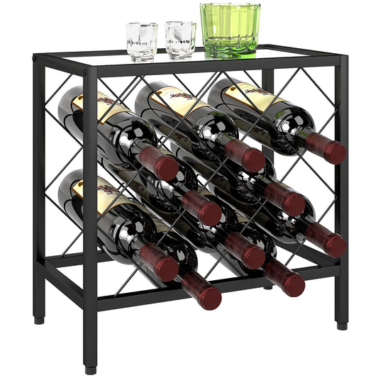 Suport pentru Sticle de Vin cu Blat din Sticlă Securizată și Cadru din Oțel, 41x22x41 cm, Negru
