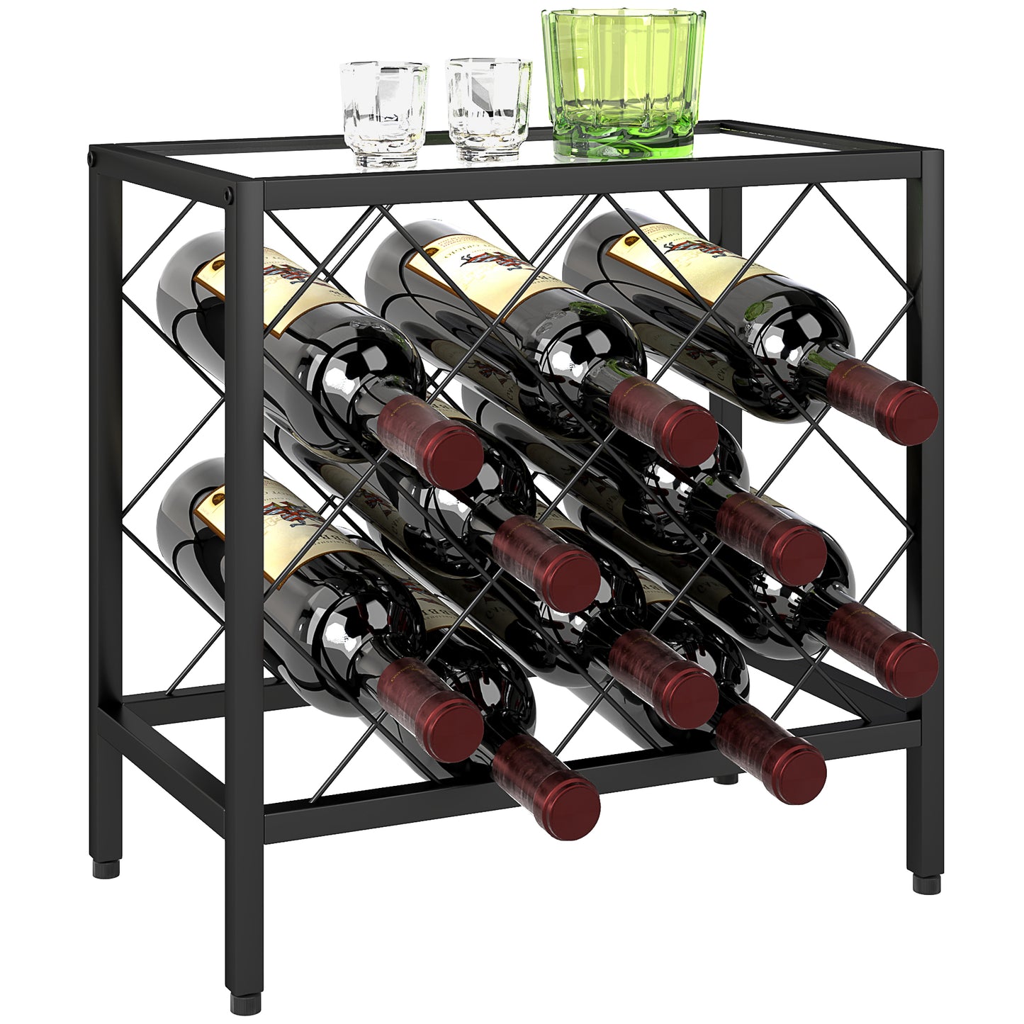 Suport pentru Sticle de Vin cu Blat din Sticlă Securizată și Cadru din Oțel, 41x22x41 cm, Negru