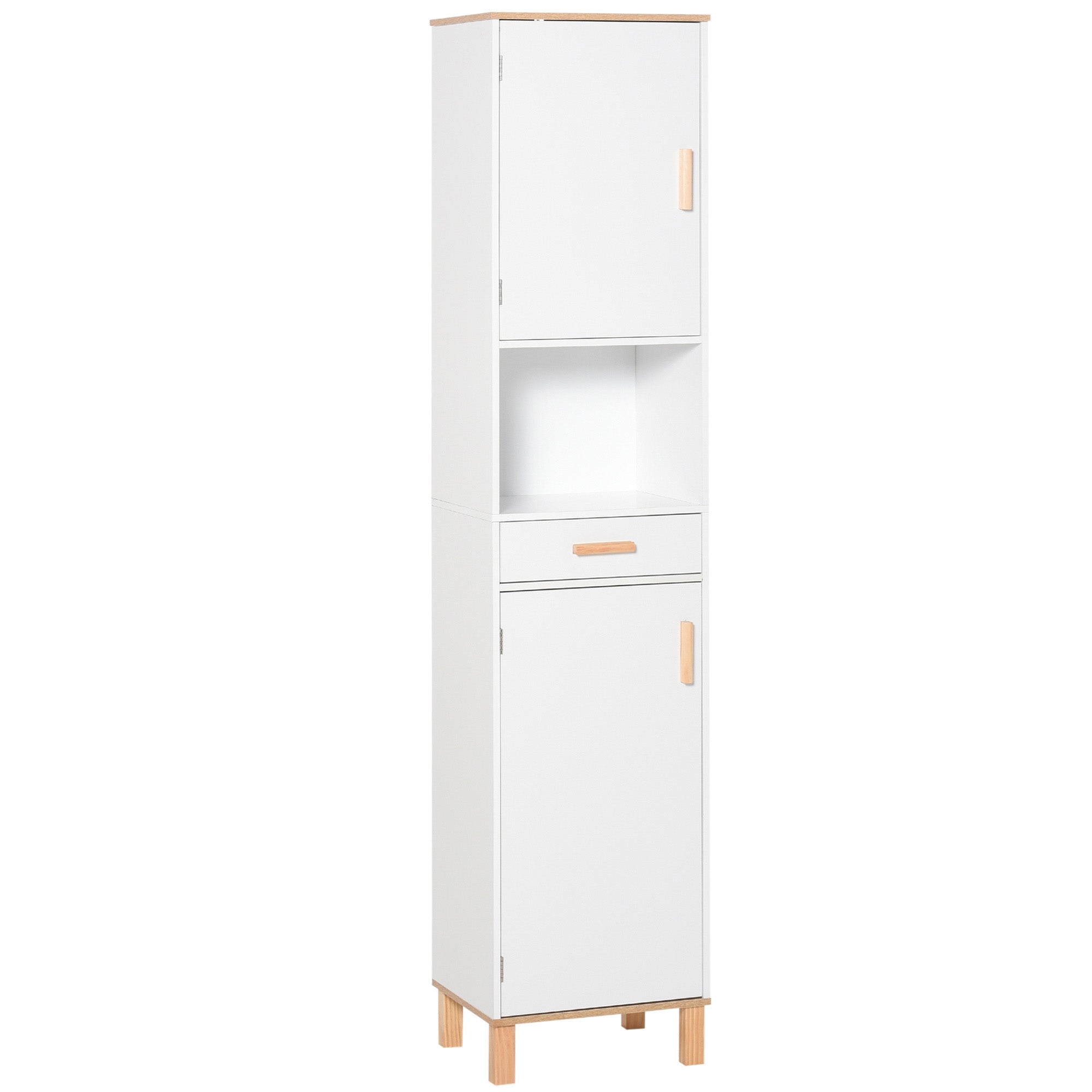 Dulap Coloana pentru Baie, Îngust Space Saver, din Lemn/MDF, cu Rafturi si Usi, Organizator Ergonomic, Alb