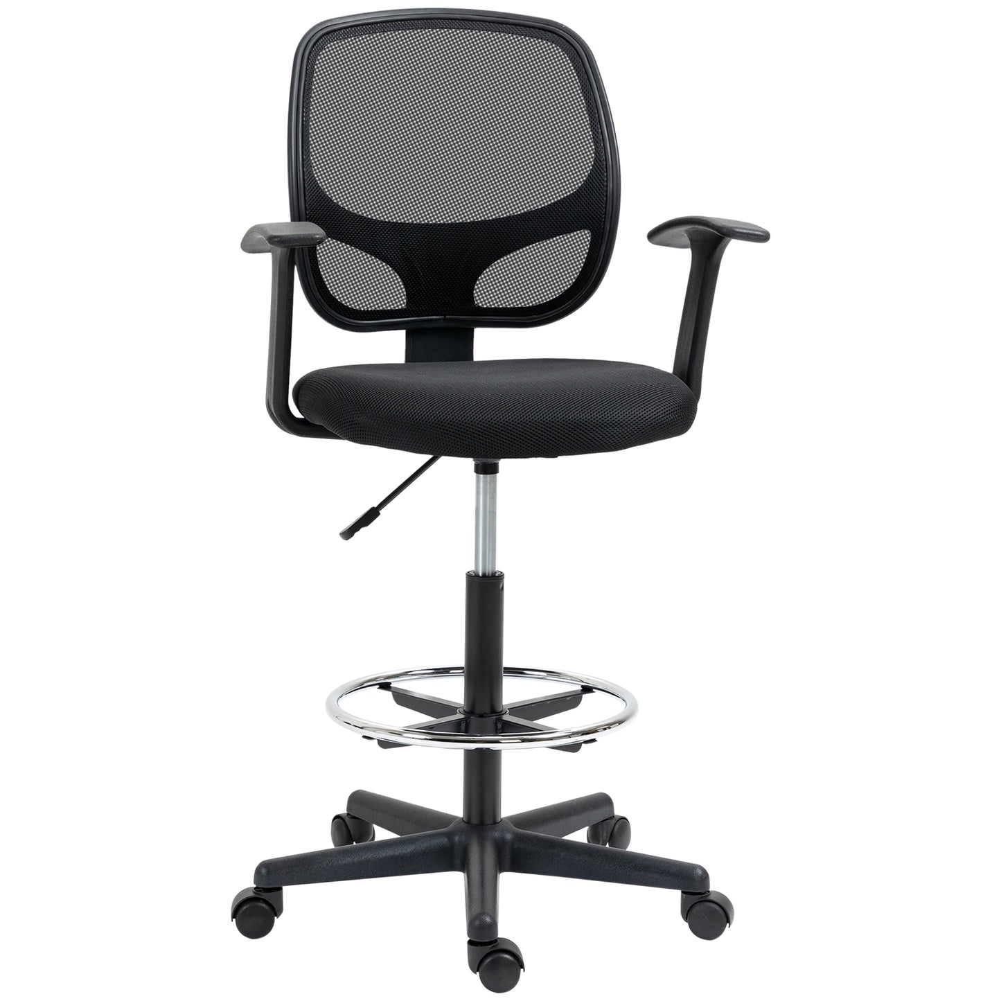 Scaun de birou reglabil pe inaltime cu cotiere, roti pivotante si scaun captusit cu cauciuc spuma, 64x57x110-132cm, negru