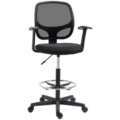 Scaun de birou reglabil pe inaltime cu cotiere, roti pivotante si scaun captusit cu cauciuc spuma, 64x57x110-132cm, negru