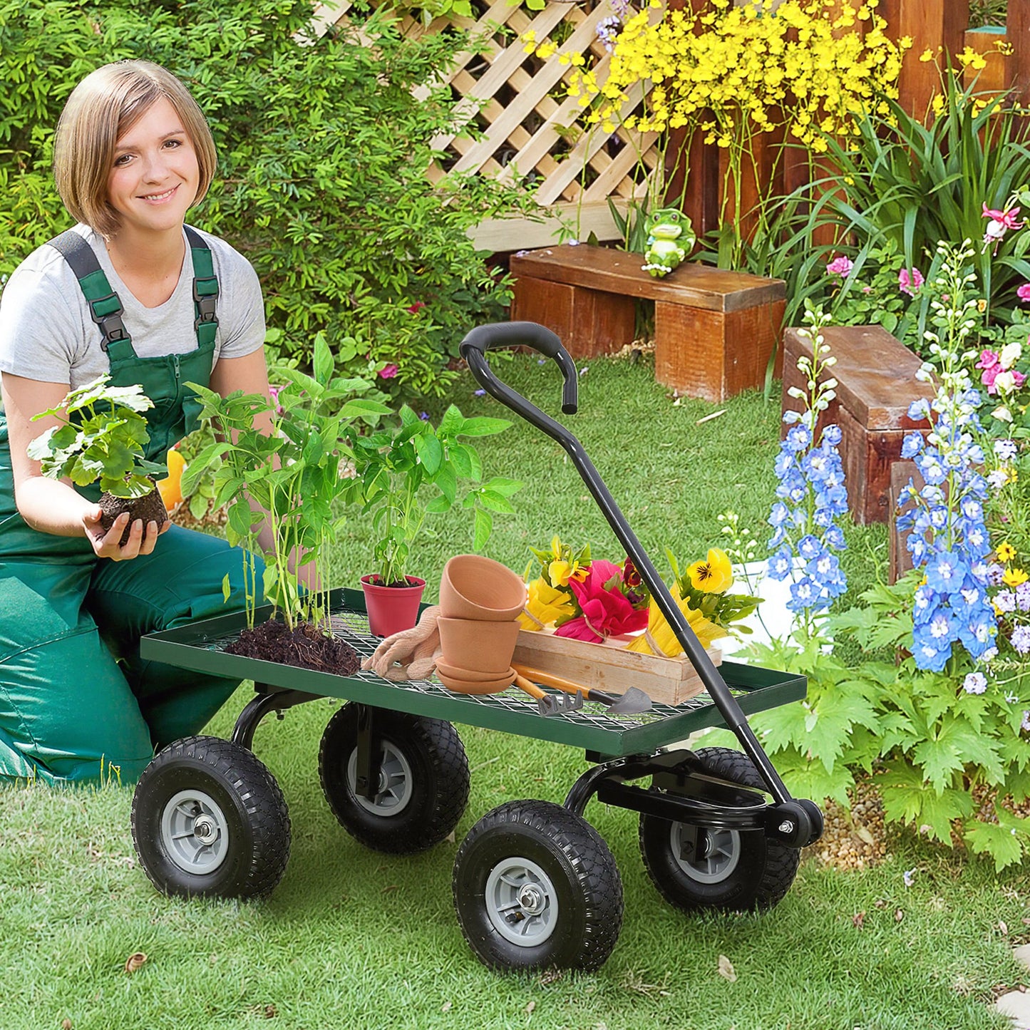 Cărucior de grădină din oțel cu capacitate de 150 kg și mâner acoperit, 94x48.5x100 cm, negru și verde