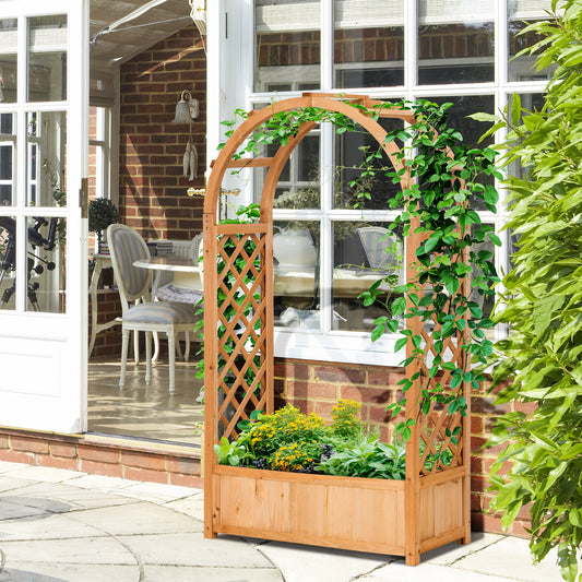 Jardiniera de Exterior din Lemn de Brad Maro cu Arc Decorativ si Grile pentru Plante Cataratoare, 83x36x152 cm