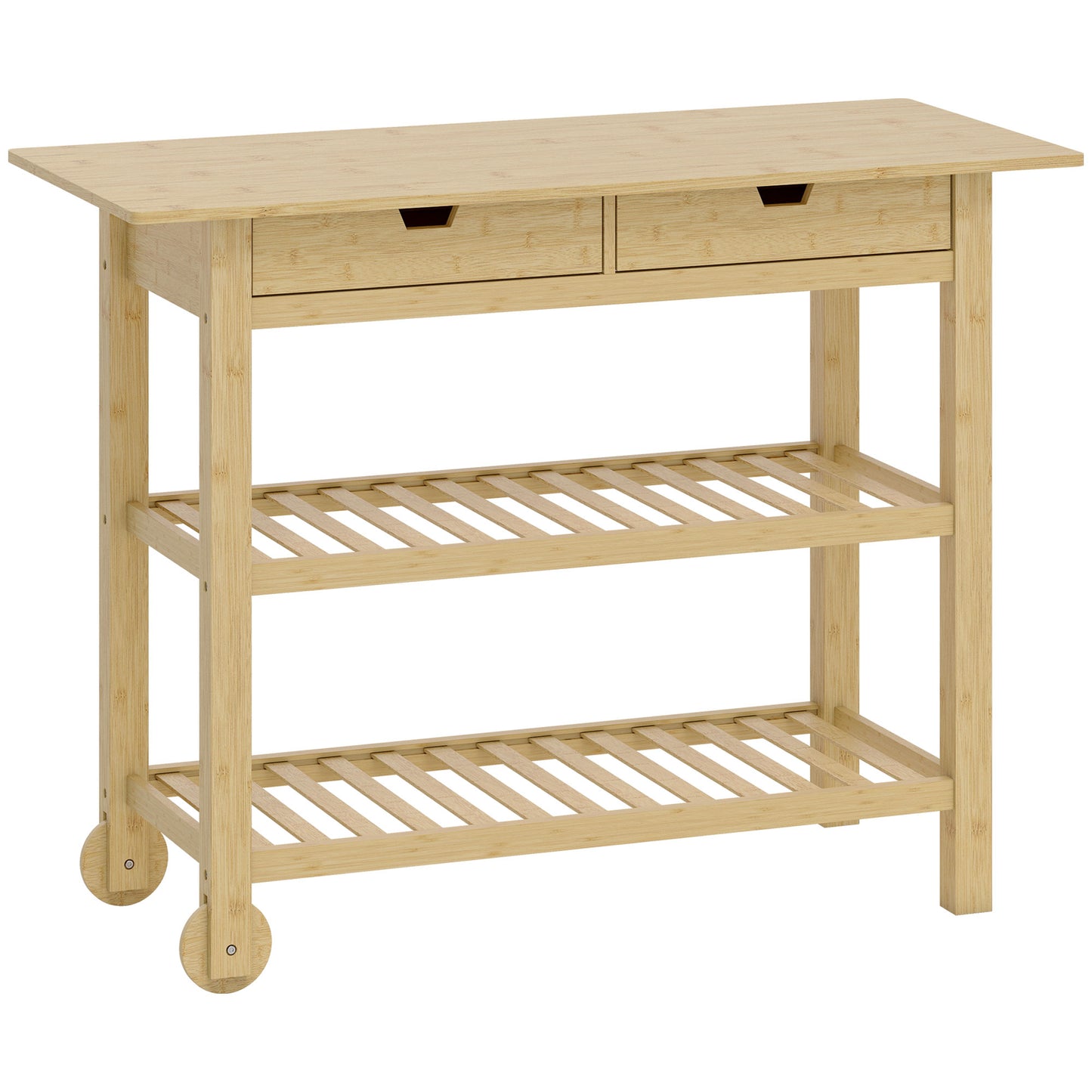 Cărucior de Bucătărie din Lemn de Bambus cu 2 Sertare, 2 Rafturi cu Șipci și 2 Roți, 100x43x75 cm, Culoare Lemn