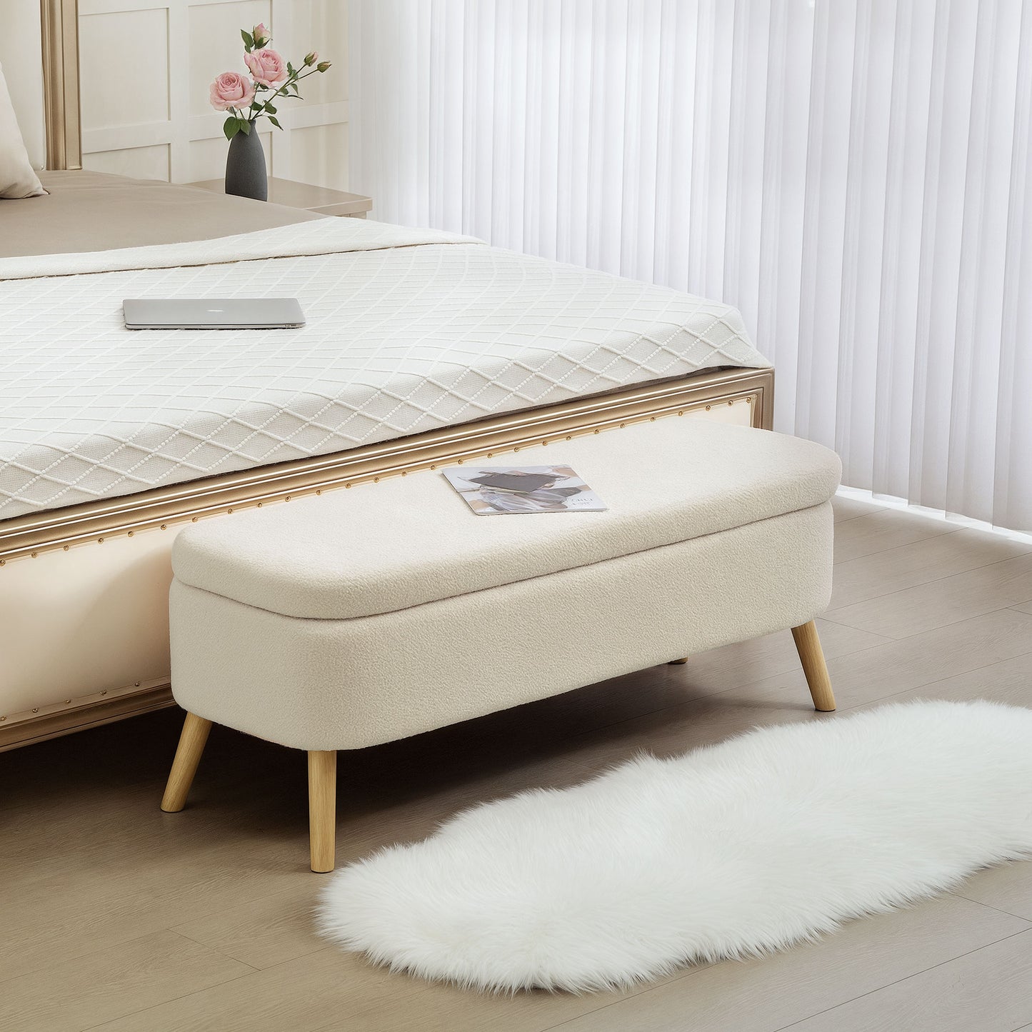 Bancă de depozitare de 65L din material teddy și picioare din lemn, 120x42x45 cm, bej