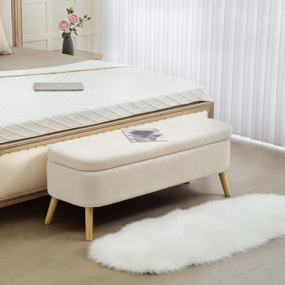 Bancă de depozitare de 65L din material teddy și picioare din lemn, 120x42x45 cm, bej
