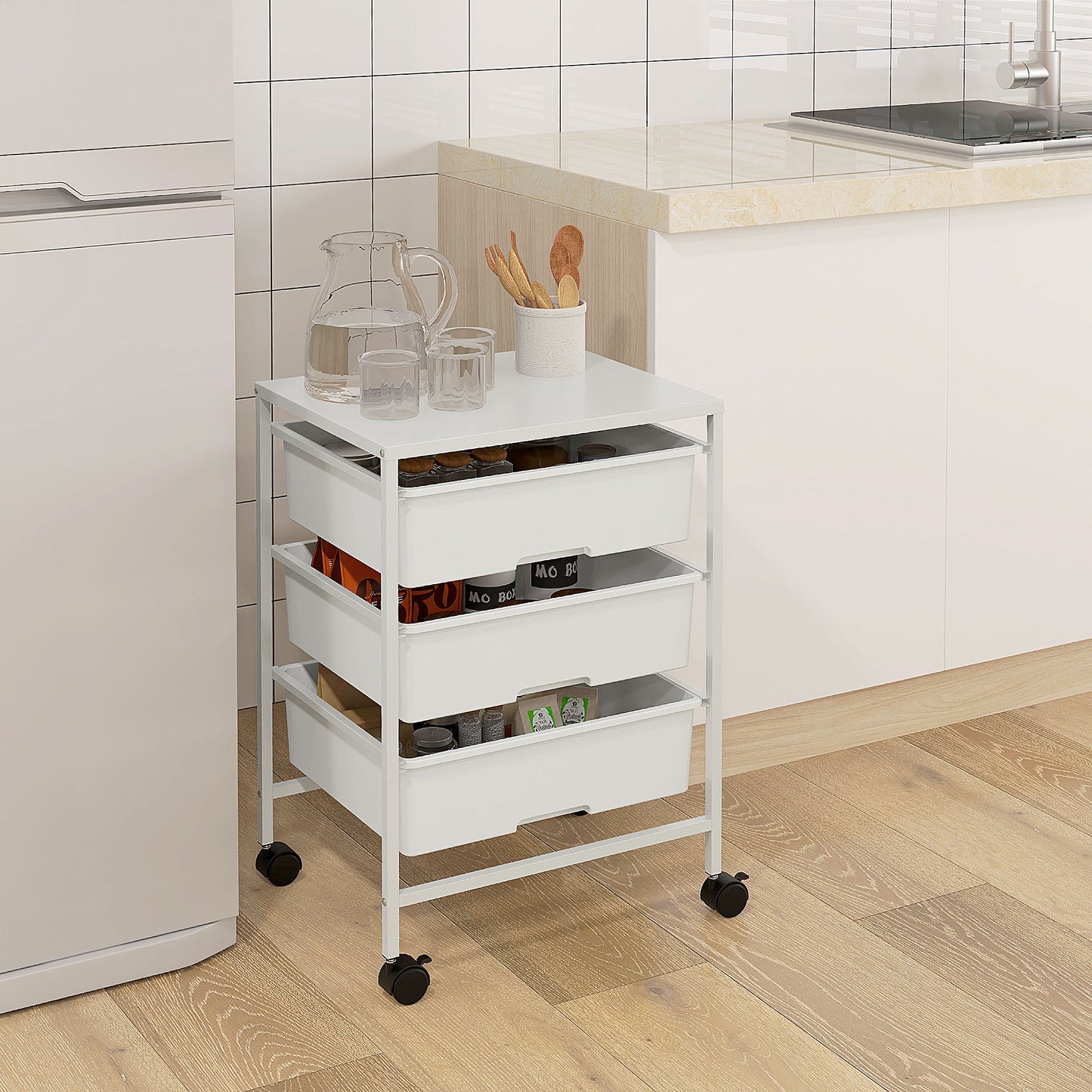 Cărucior Multifuncțional cu 3 Coșuri și Roți, Cărucior pentru Bucătărie și Birou din Oțel și Plastic, 40.8x33.5x60.5 cm, Alb