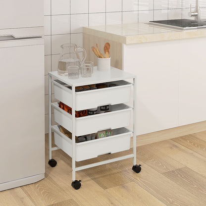 Cărucior Multifuncțional cu 3 Coșuri și Roți, Cărucior pentru Bucătărie și Birou din Oțel și Plastic, 40.8x33.5x60.5 cm, Alb