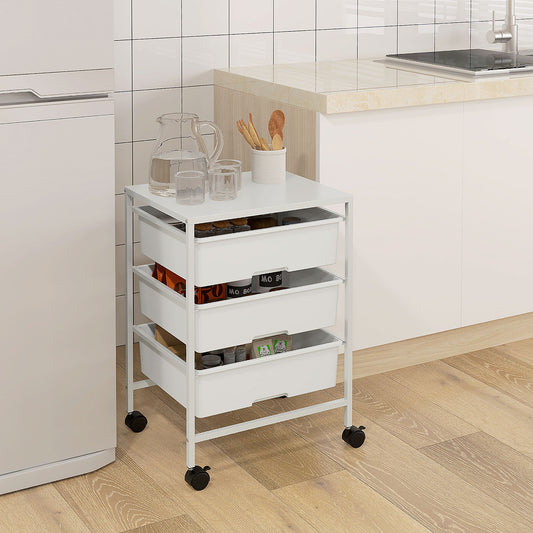 Cărucior Multifuncțional cu 3 Coșuri și Roți, Cărucior pentru Bucătărie și Birou din Oțel și Plastic, 40.8x33.5x60.5 cm, Alb