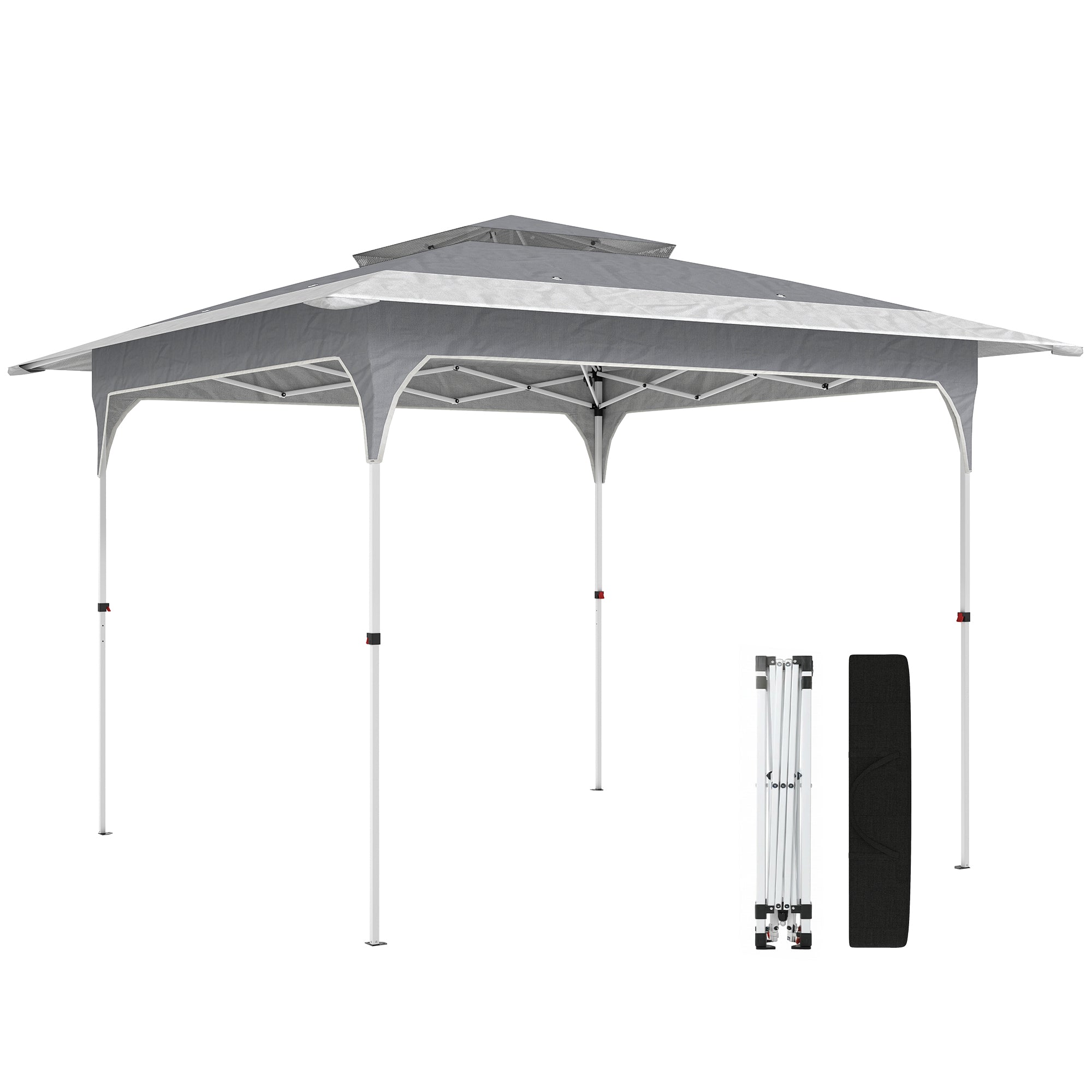 Pavilion Pop-Up pliabil 3.5x3.5 m cu acoperiș dublu și geantă, din metal și material Oxford, gri închis