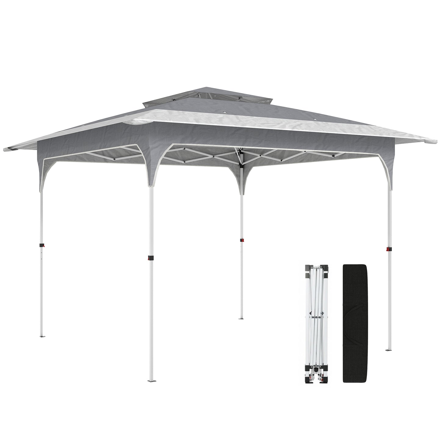 Pavilion Pop-Up pliabil 3.5x3.5 m cu acoperiș dublu și geantă, din metal și material Oxford, gri închis