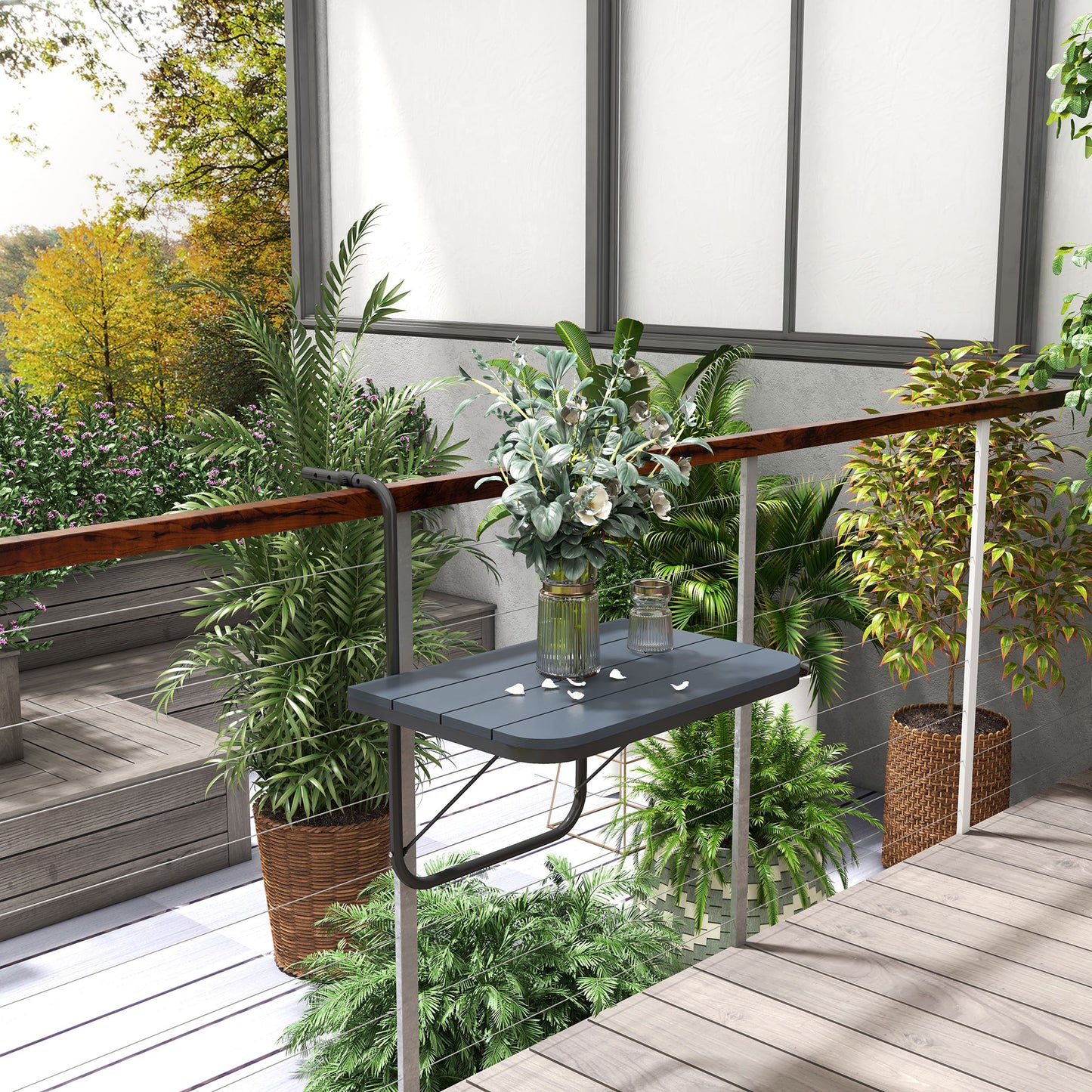 Măsuță Pliabilă și Reglabilă pentru Balcon, Masă Suspendată pentru Balustradă, din Aluminiu și Plastic cu Efect de Lemn, Suport pentru Plante sau Gustări, Negru