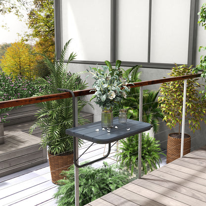 Măsuță Pliabilă și Reglabilă pentru Balcon, Masă Suspendată pentru Balustradă, din Aluminiu și Plastic cu Efect de Lemn, Suport pentru Plante sau Gustări, Negru