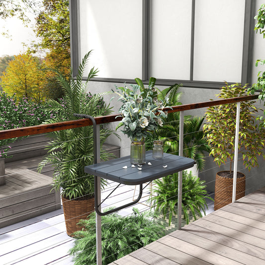 Măsuță Pliabilă și Reglabilă pentru Balcon, Masă Suspendată pentru Balustradă, din Aluminiu și Plastic cu Efect de Lemn, Suport pentru Plante sau Gustări, Negru