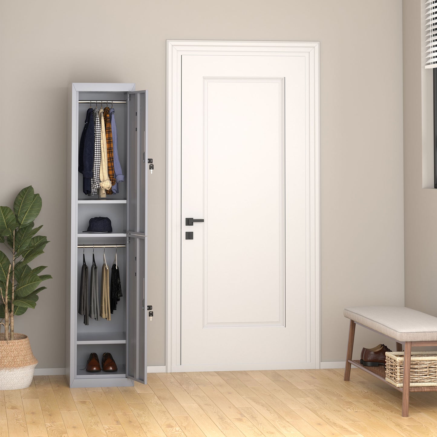 Dulap Metalic Haine – 4 Rafturi, 2 Usi, Gri 38×46×180 cm