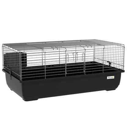 Cușcă pentru Iepuri cu 2 Deschideri și Tavă Detașabilă, Cușcă pentru Rozatoare din Metal și Plastic, 100x55x41 cm, Negru