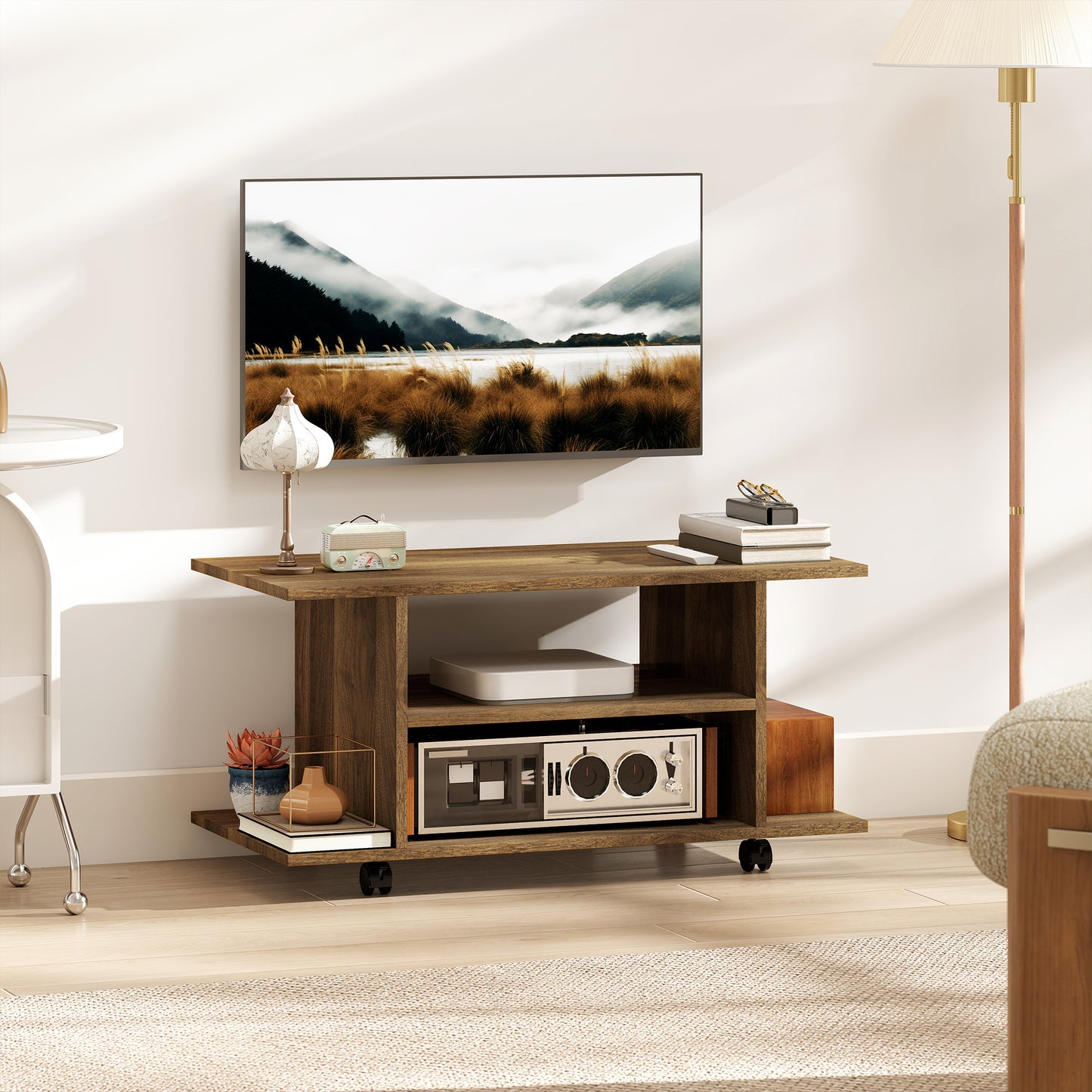 Suport TV Modern cu Rafturi, Roți Pivotante și Frâne, 80 x 40 x 40 cm, Nuc