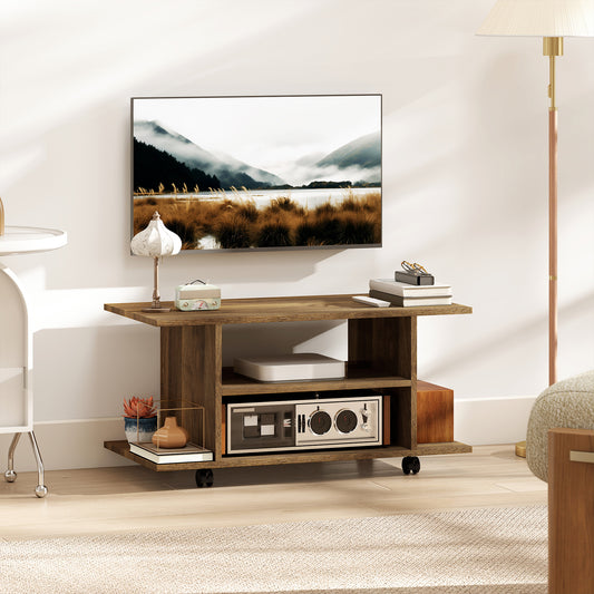 Suport TV Modern cu Rafturi, Roți Pivotante și Frâne, 80 x 40 x 40 cm, Nuc