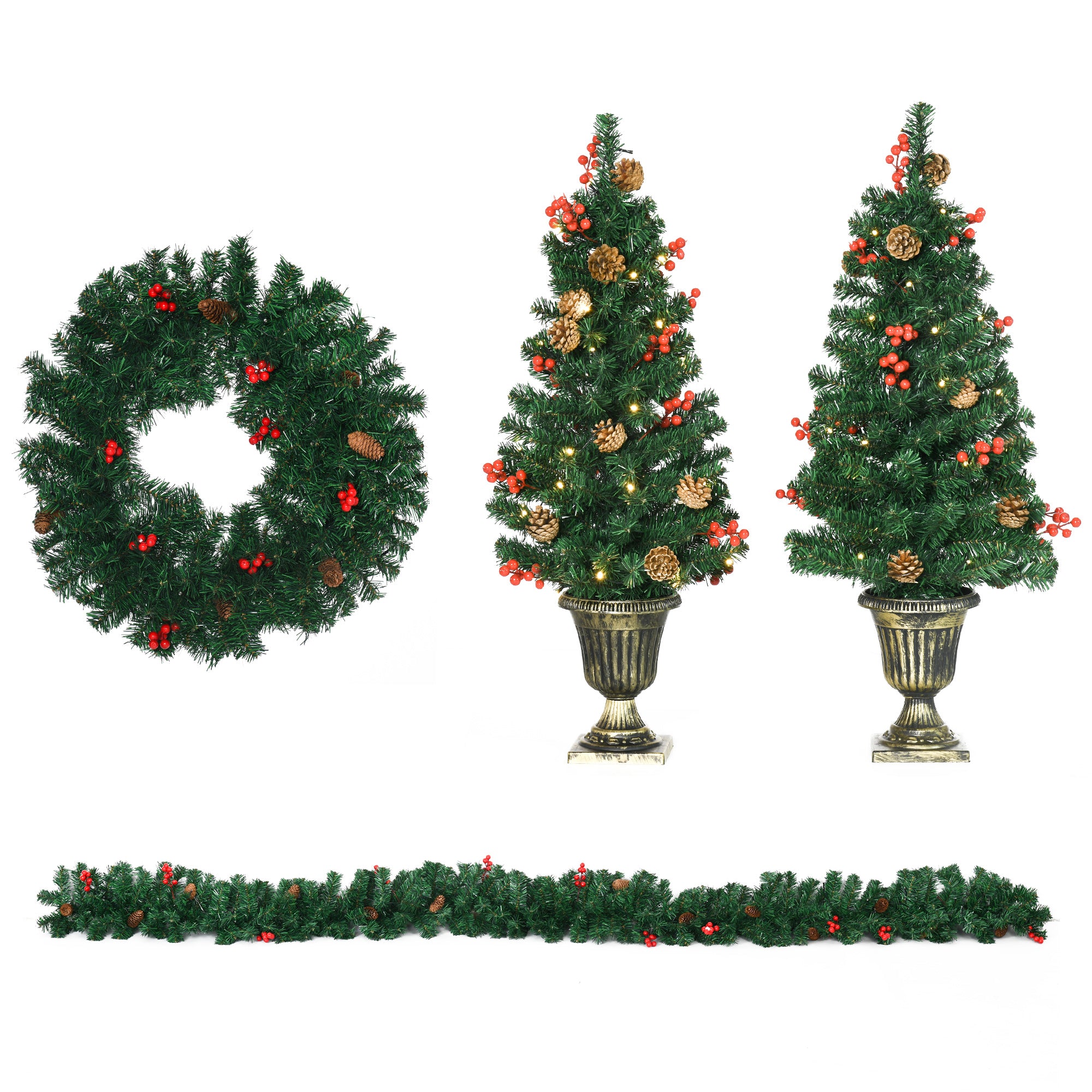 Set de decoratiuni pentru Craciun set 4 piese, coroana de ghirlande si set de 2 copaci cu lumini LED albe calde, fructe de padure rosii, pini de pin, verde