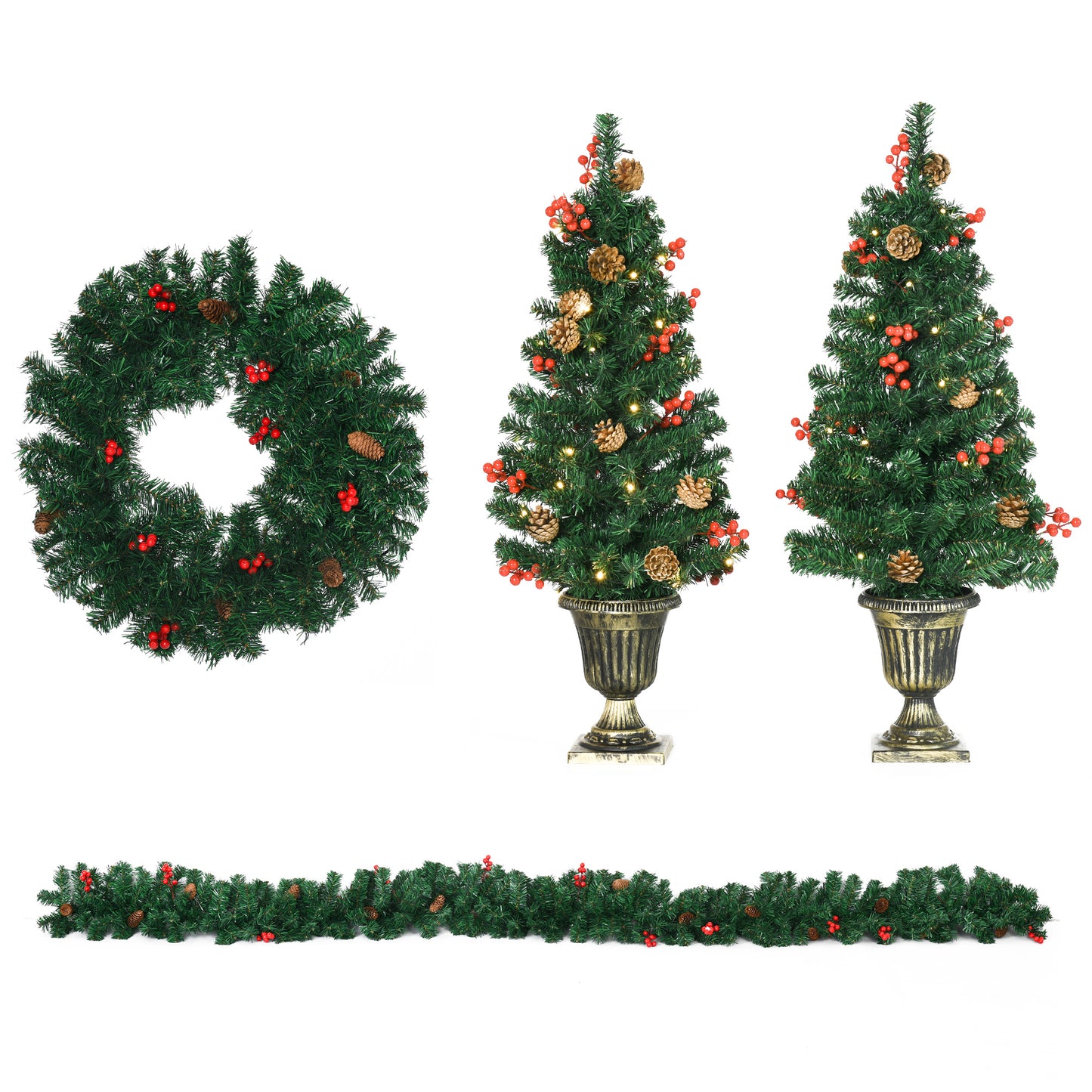 Set de decoratiuni pentru Craciun set 4 piese, coroana de ghirlande si set de 2 copaci cu lumini LED albe calde, fructe de padure rosii, pini de pin, verde