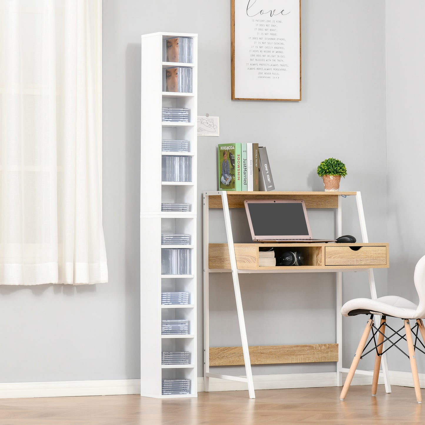 Bibliotecă Raft pentru CD-uri, Set 2 Bucăți cu 12 Polițe din Lemn, 21x19.2x88.3 cm, Alb