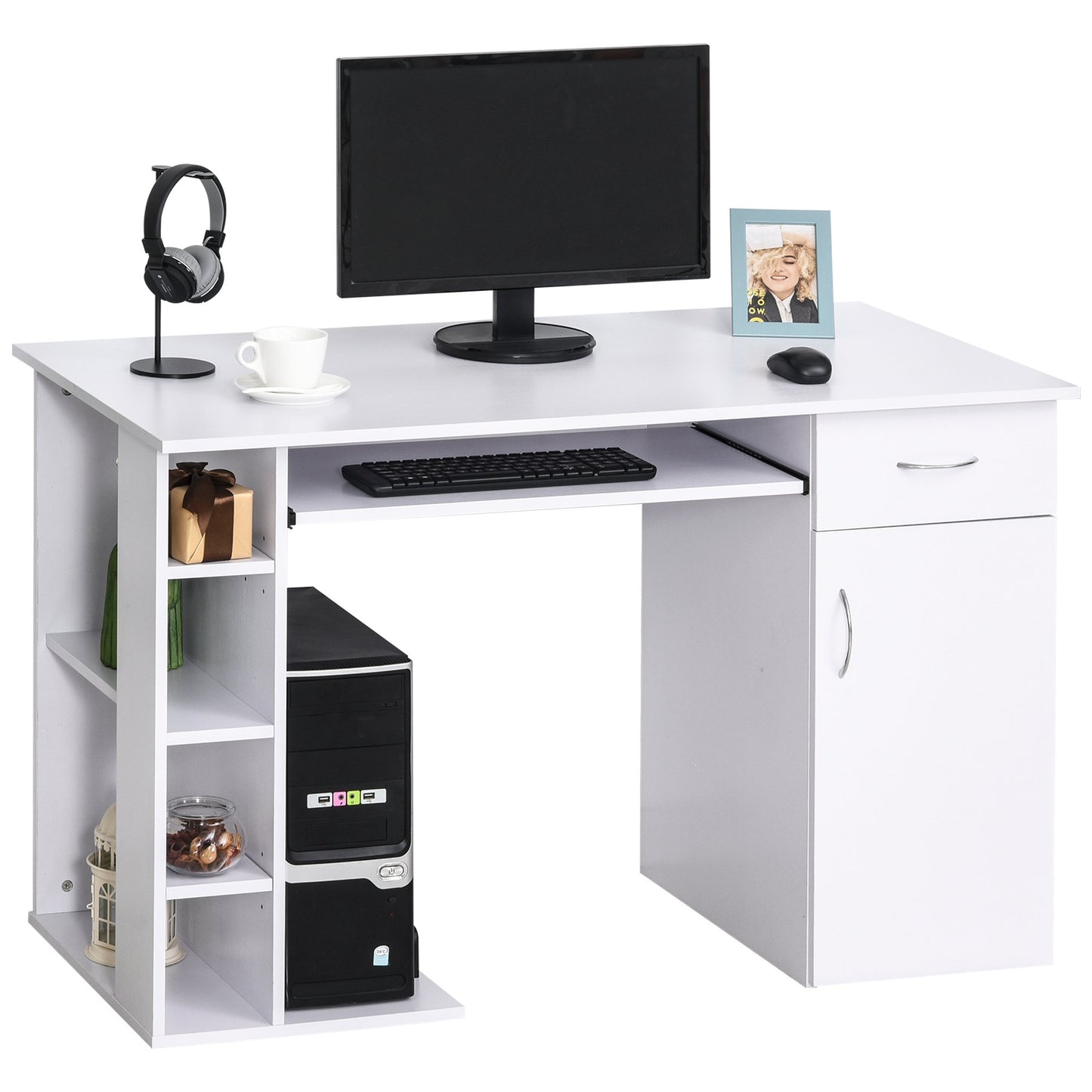 Birou PC Ergonomic – Alb, Cu Rafturi & Blat Tastatura