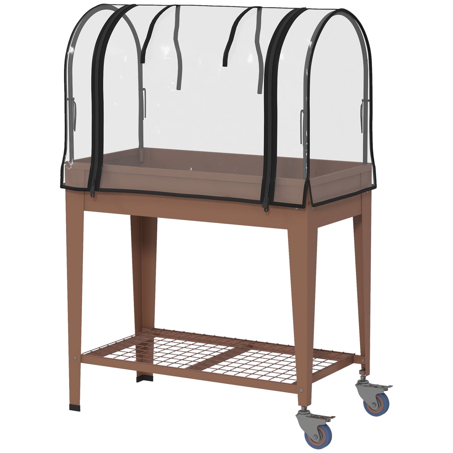 Furcă de grădină înălțată cu mini seră pentru plante, roți și raft, 80x40x120cm, maro
