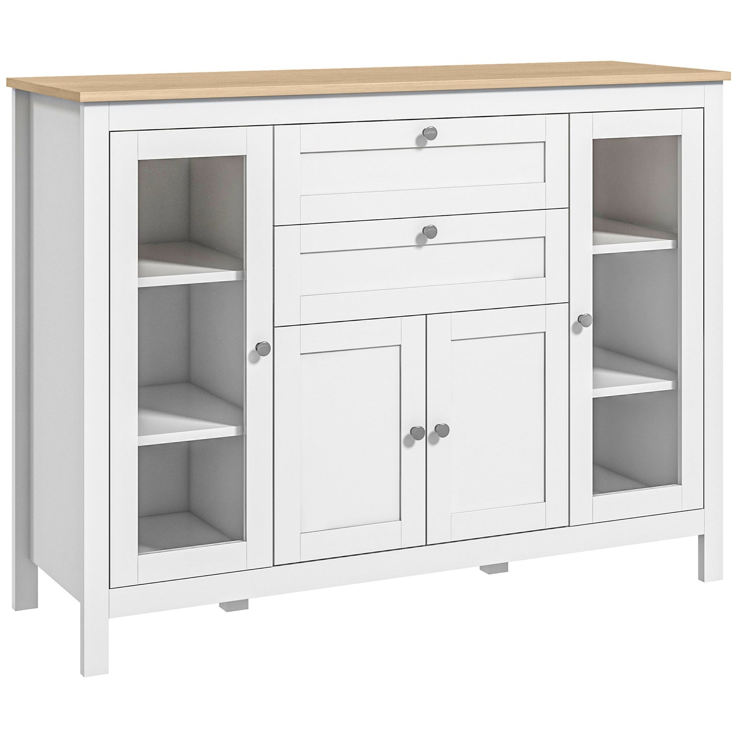 Mobilier de Bucătărie cu 2 Sertare și 3 Dulapuri, Uși din Sticlă și Rafturi Ajustabile, 120x40x90 cm, Alb și Stejar