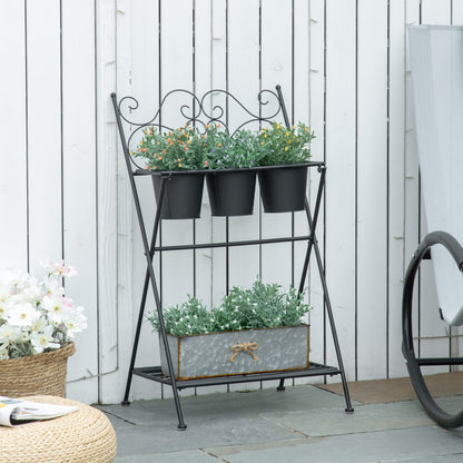 Suport pentru plante din Metal Pliabil  cu 3 Ghivece, Raft pentru Plante cu Etajera pentru Casa si Gradina, 47x37x78,5 cm, Negru